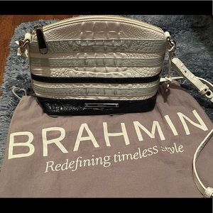 Brahmin Mini Duxbury Crocodile-Embossed Dome White and Blue Crossbody Bag.